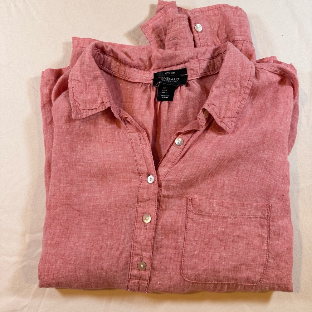 Jones New York Linen Tunic Button Up Long Sleeve Red/Pink L Laganlook‎ Boho